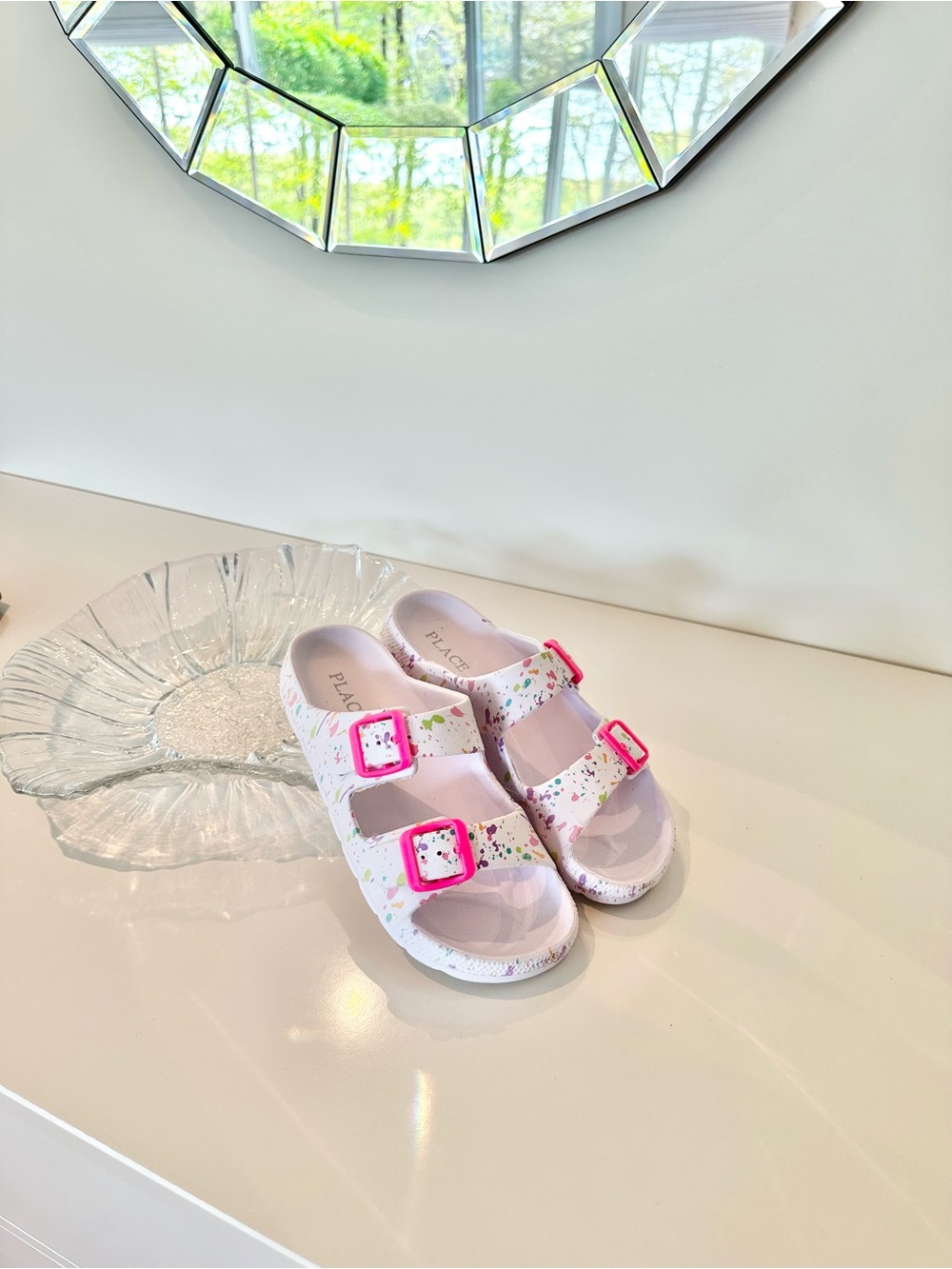Kids White Sandals with Pink Buckles and Colorful Speckles 💕